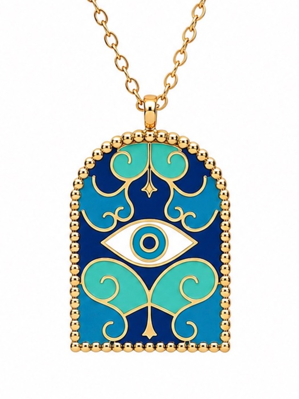 Window to Your Soul Evil Eye Mosaic Arched Stained Glass Cloud 18K Gold Necklace